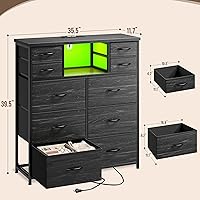 Vista 3 de Cómoda para dormitorio con 10 cajones con luz LED y toma de corriente, cómodas de tela y cómoda con estantes abiertos para pasillo, sala de estar