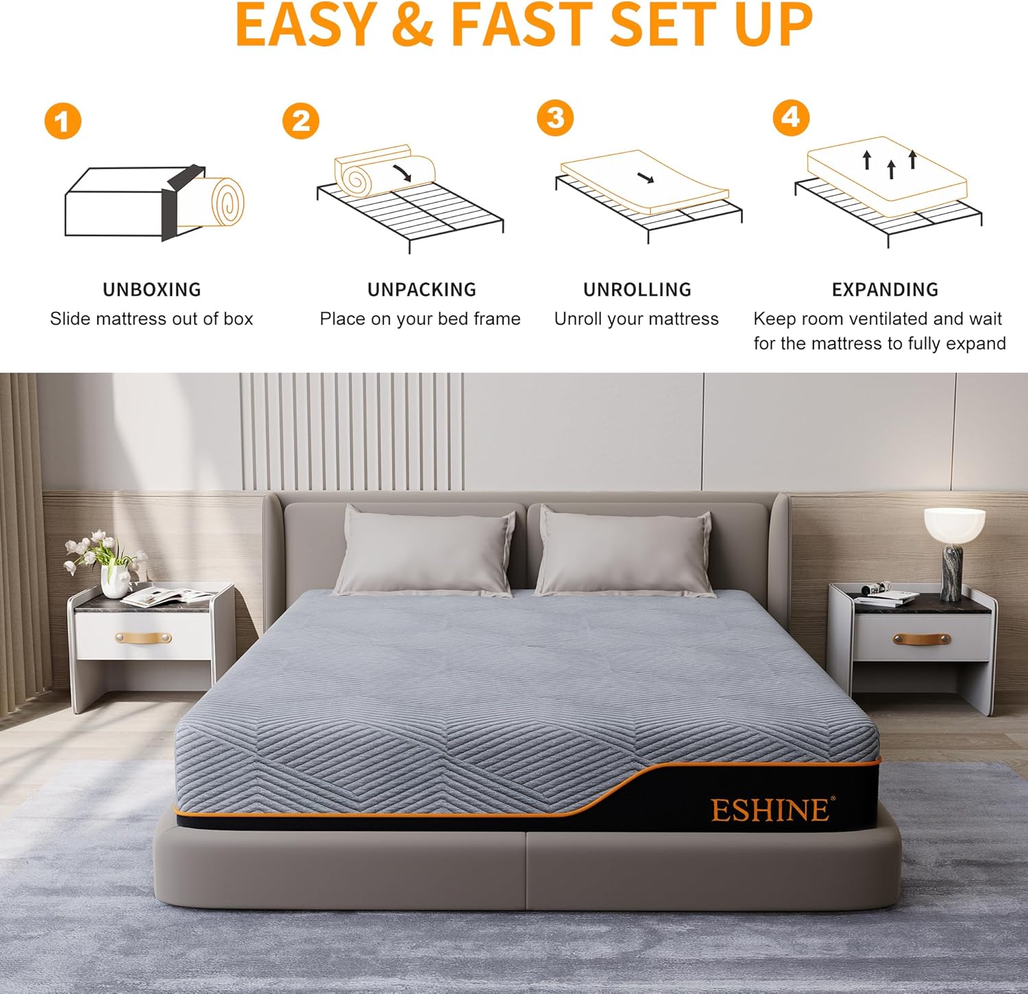 ESHINE 14 Inch King Mattress, US-Made Cooling Gel Memory Foam, Green Tea Infused for Pressure Relief & Back Pain, CertiPUR-US Certified, Bed in a Box, Dark Grey