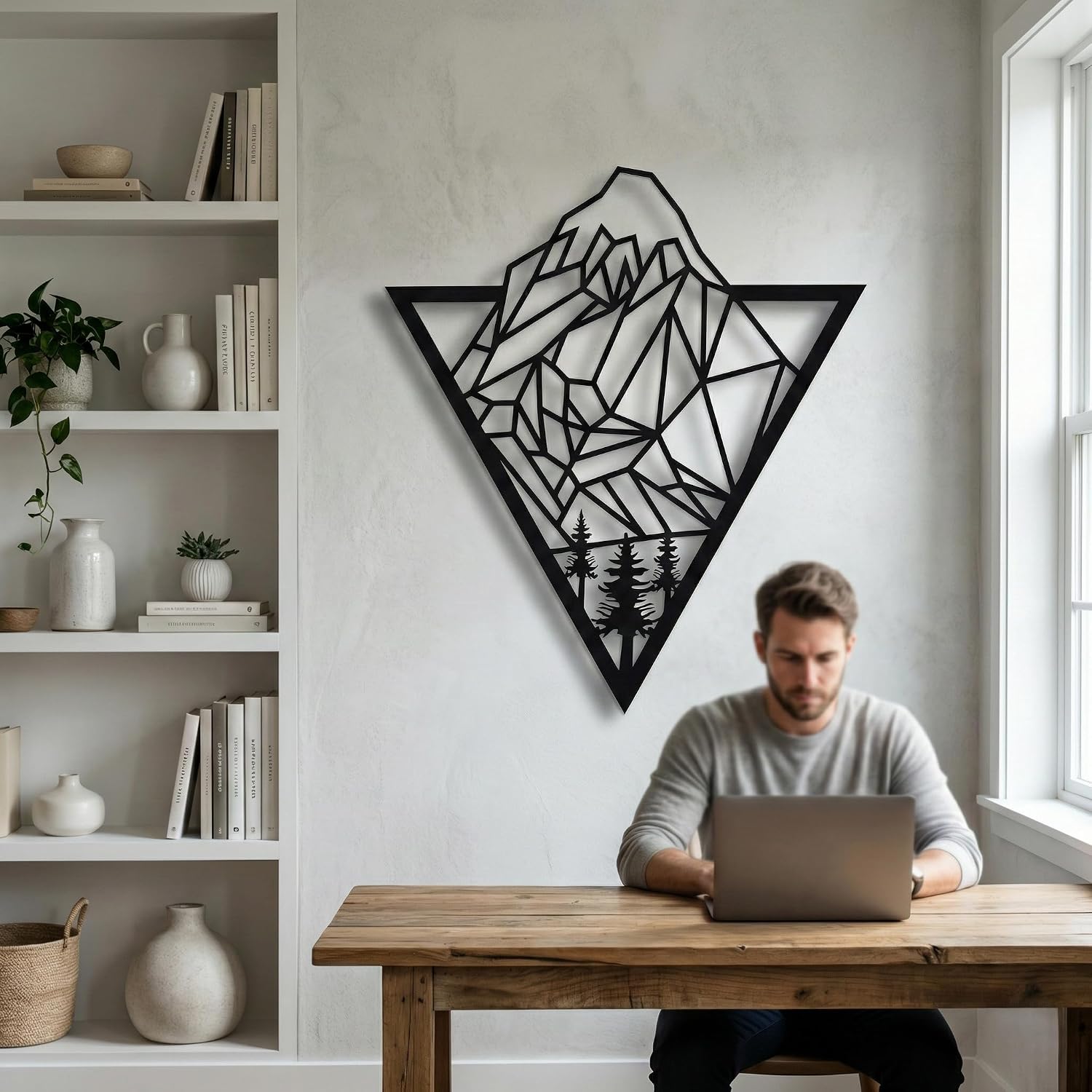 DEKADRON Metal Mountain Art, Metal Wall Art, Geometric Mountain and Tree, Metal Wall Decor, Office Decoration, Living Room Decor, Wall Hangings (18" W x 15" H / 45x38 cm)