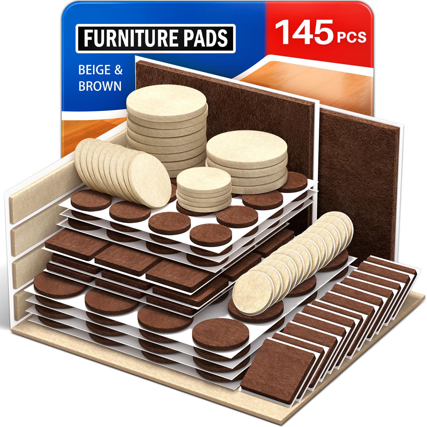 Ansible Furniture Pads Floor Protectors 145 PCS, Felt Pads for Chair Legs, Self-Adhesive Furniture Felt Pads for Furniture Feet - Anti-Scratches and Reduce Noise(Beige & Brown)