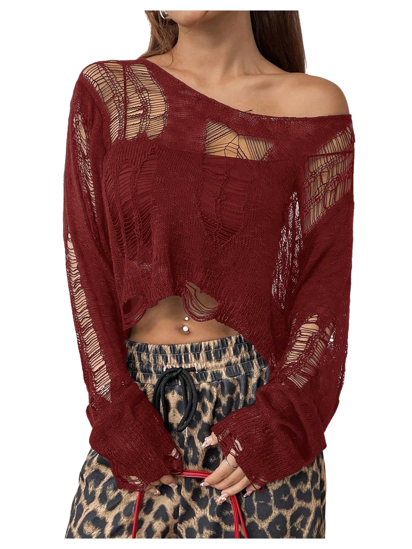 WDIRARA Womens Ripped Distressed Knit Top Long Sleeve Hollow Out Crochet Crop Top Goth Y2K Grunge Punk Halloween