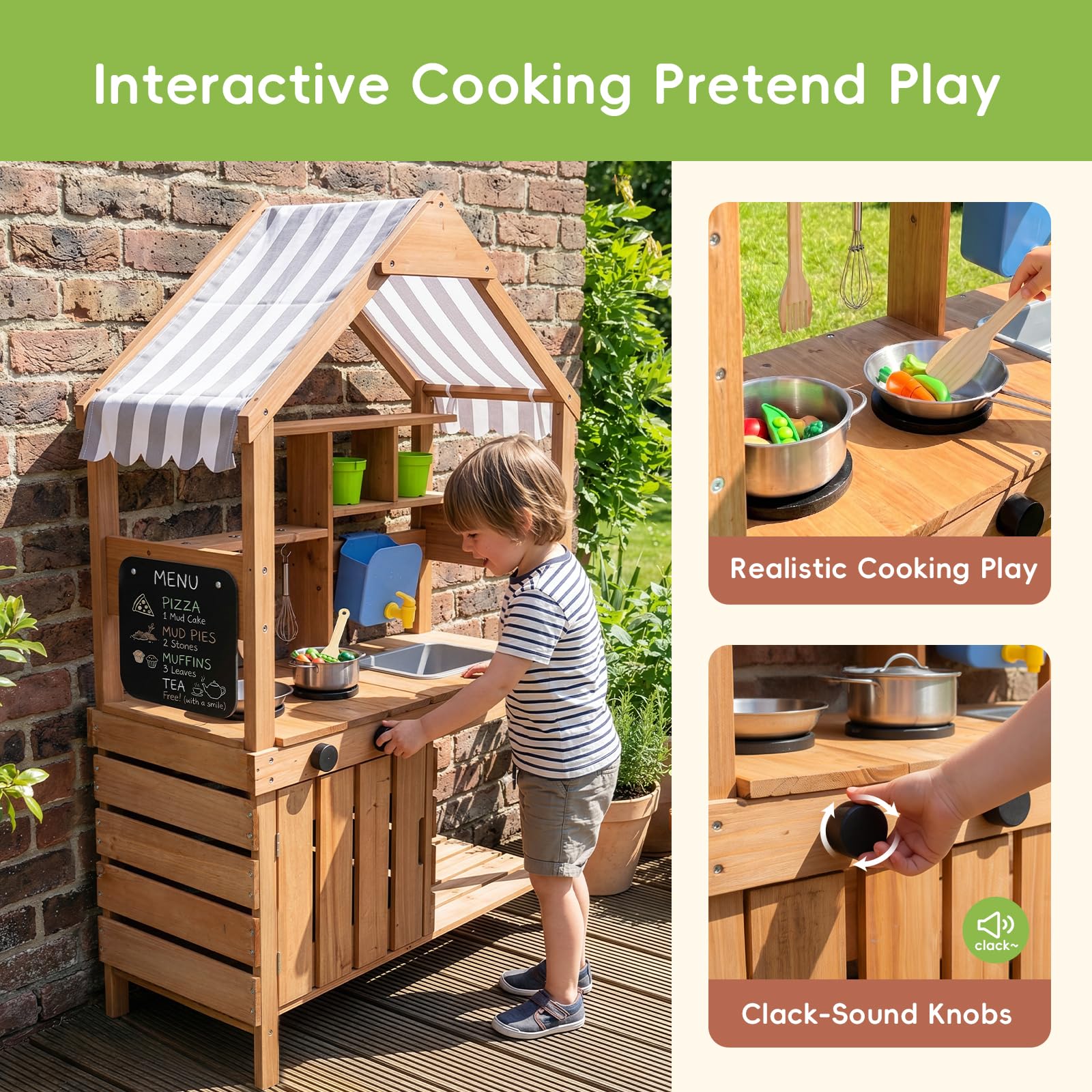 OOOK Outdoor Spielküche, Große Matschküche Outdoor aus Holz, Gartenspielküche mit Gartenspüle, Töpfen, Herd, Pflanztöpfe und Gartenwerkzeugen, Spielzeugküche für Kinder 3+