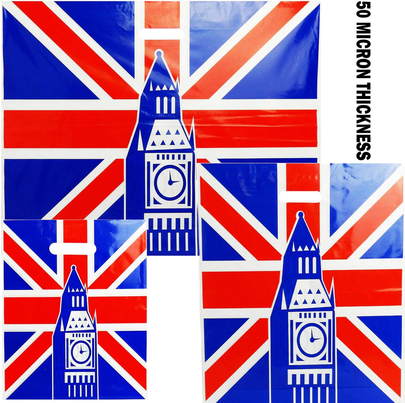 Union Jack Plastic Carrier Bags - Patch Handles - 381mm x 457mm (15" x 18") + 76mm (3") bottom gusset (pack 100)