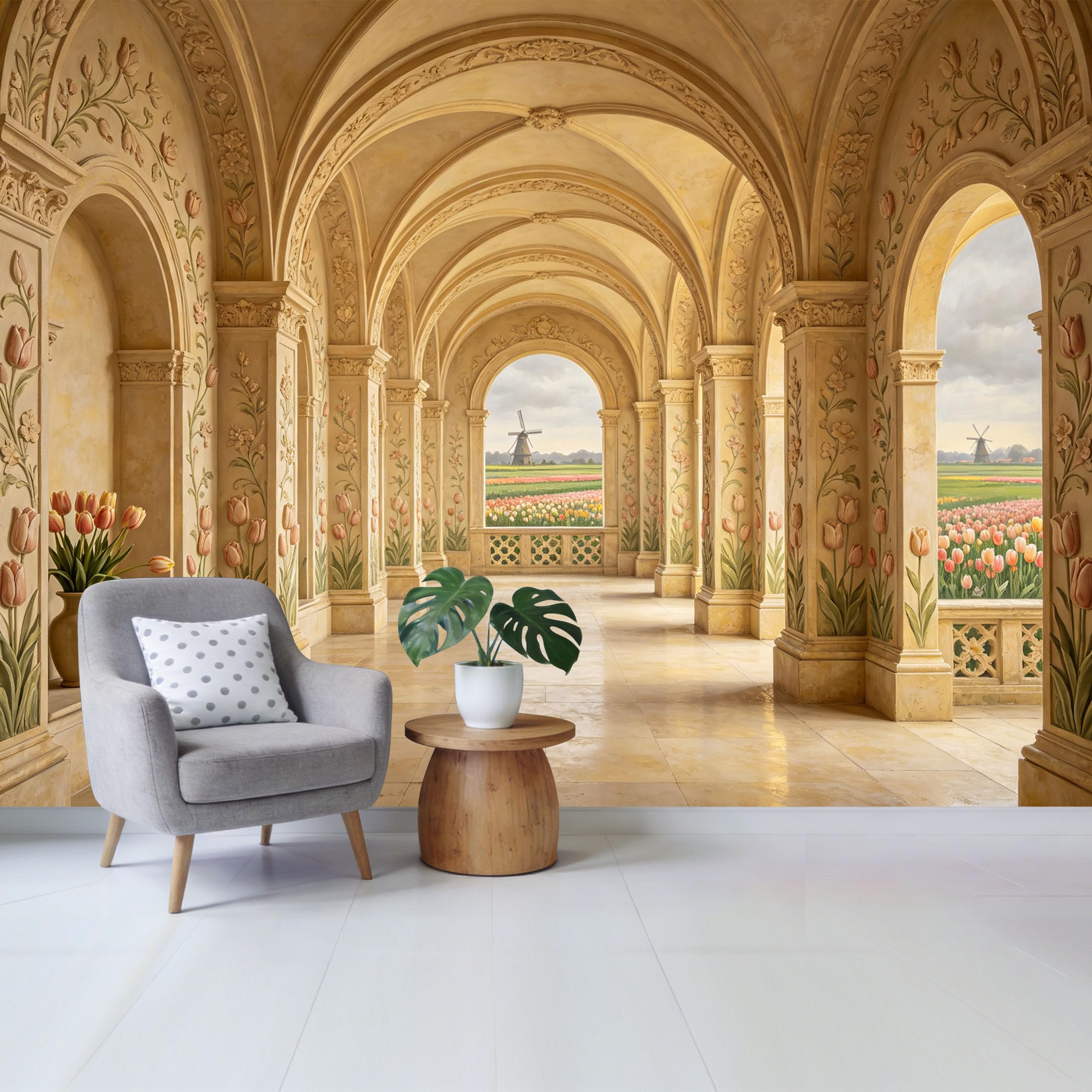 Removable Self Adhesive Fabric Mural， Neoclassical European Corridor Windmill Flower Field Custom Size Wall Covering， UV Protected Waterproof Washable Wall Decor for Living Room Bedroom
