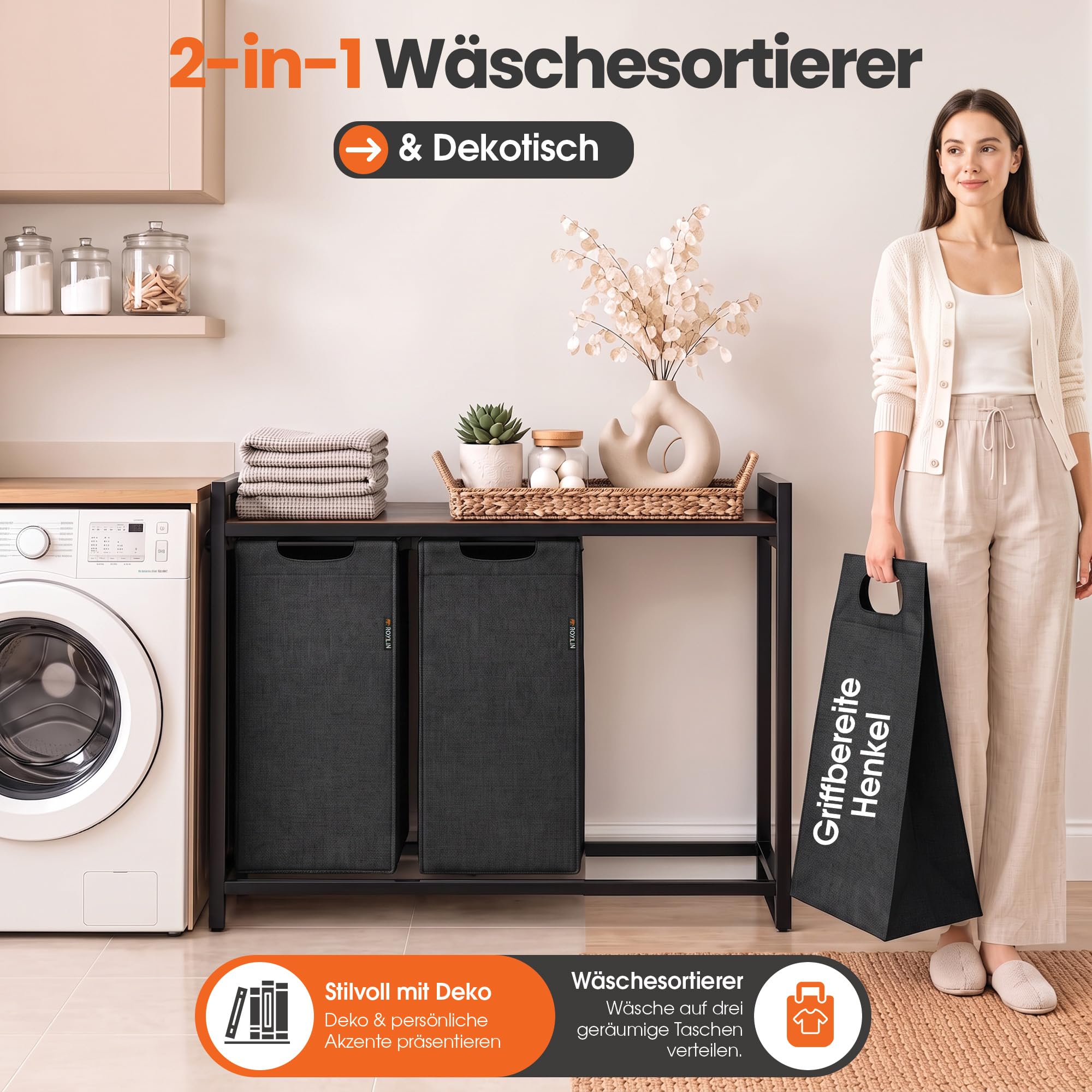 Wäschekorb mit 3 Fächern 120 L – Großer Wäschesortierer mit Ablage & Metallgestell – Schmutzwäschekorb Wäsche Organizer für Badezimmer, Schlafzimmer, Kinderzimmer & Waschküche - Schwarz