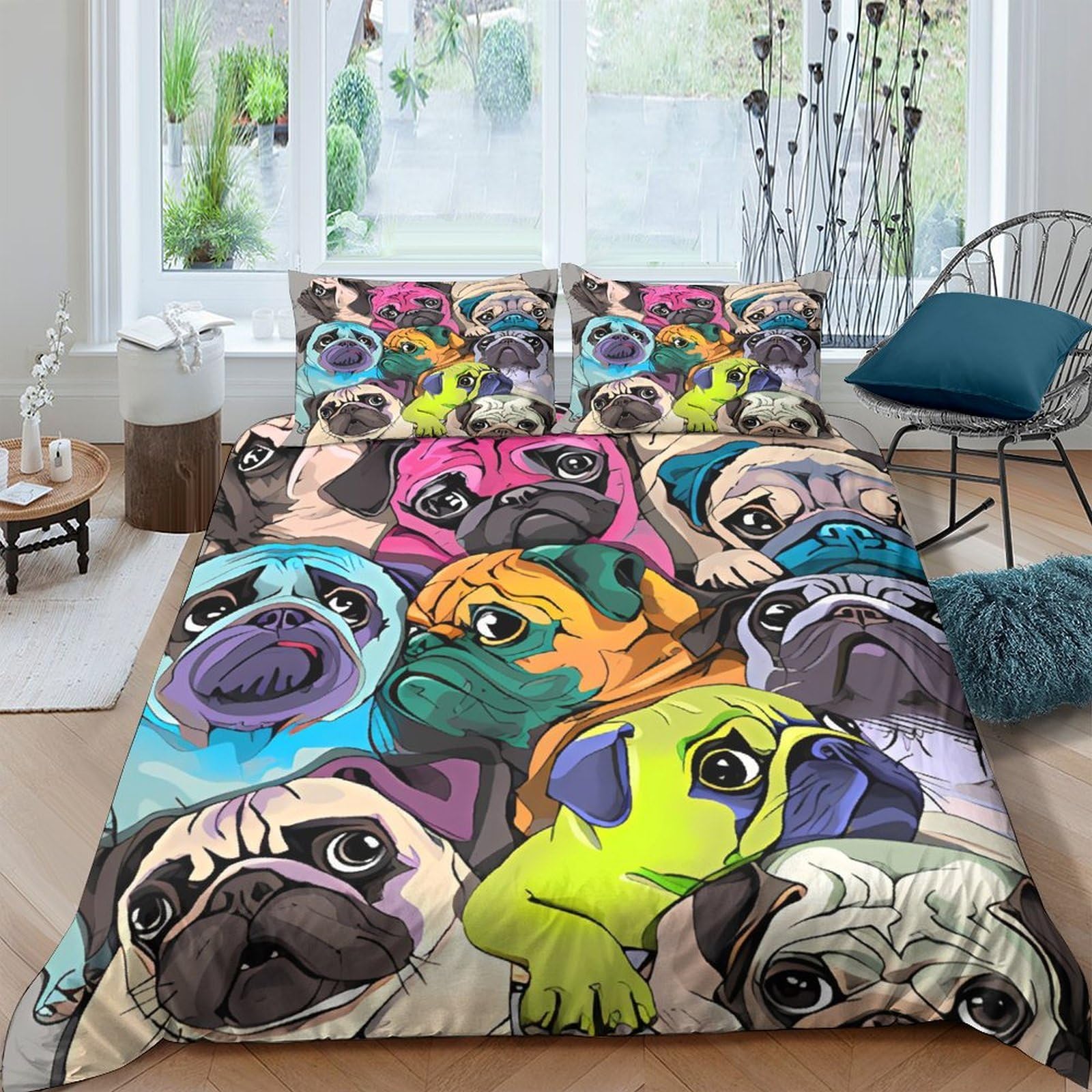 Ctjqhvkz Style-5 3D Printed Colorful Pug Fitted Sheet Microfiber Soft Cartoon Dog Bed Cover For Bedroom Guest Room Mattress Protection Decor Single（135X200cm）