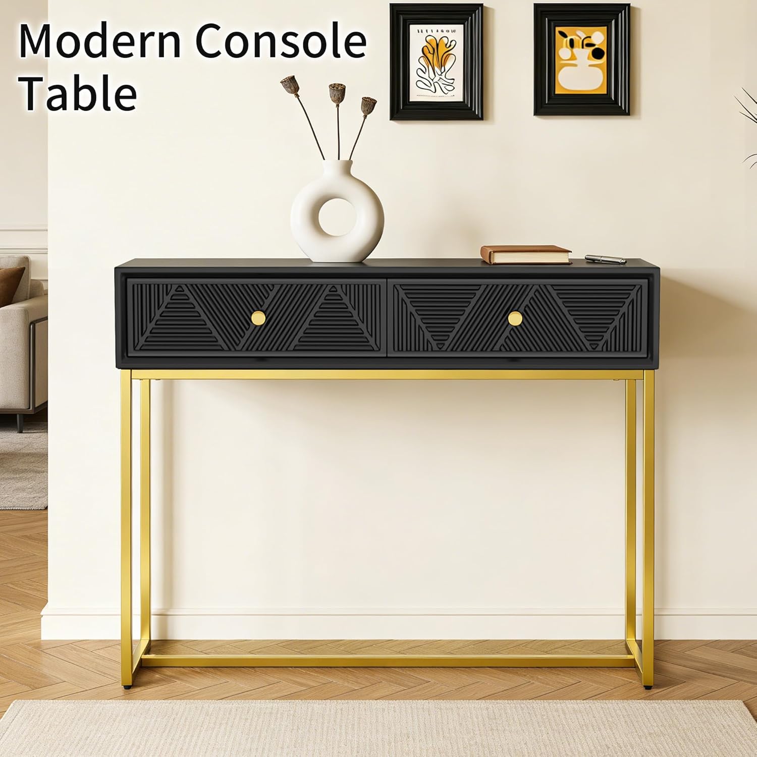 38" Narrow Console Table with 2 Fluted Drawers, Industrial Sofa Table Behind Couch with Gold Metal T-Legs, Entryway Table for Small Spaces Hallway Living Room (Black)