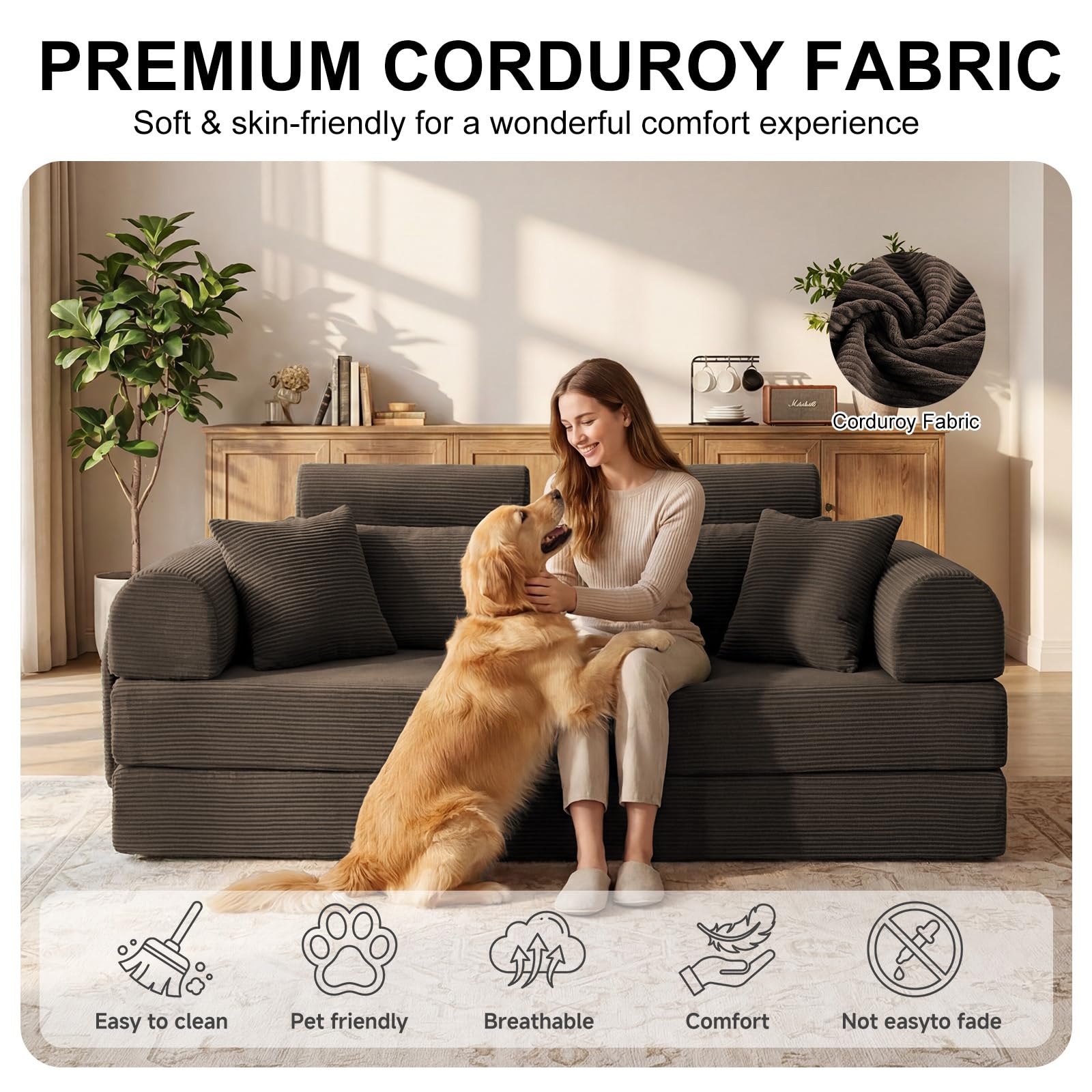 79" Convertible Futon Sofa Bed,High Back Boneless Couch for Living Room | 5-in-1 Corduroy Boneless Loveseat Sleeper, Futon Couch with Ergonomic Support & Side Storage Pocket, No Assembly,Brown