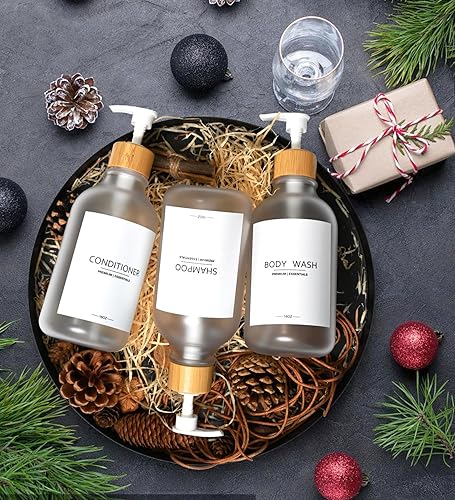 Miniatura 3 de Botellas de plástico esmerilado para champú y acondicionador, dispensador de boticario, bomba de bambú, botellas recargables para loción de ducha,