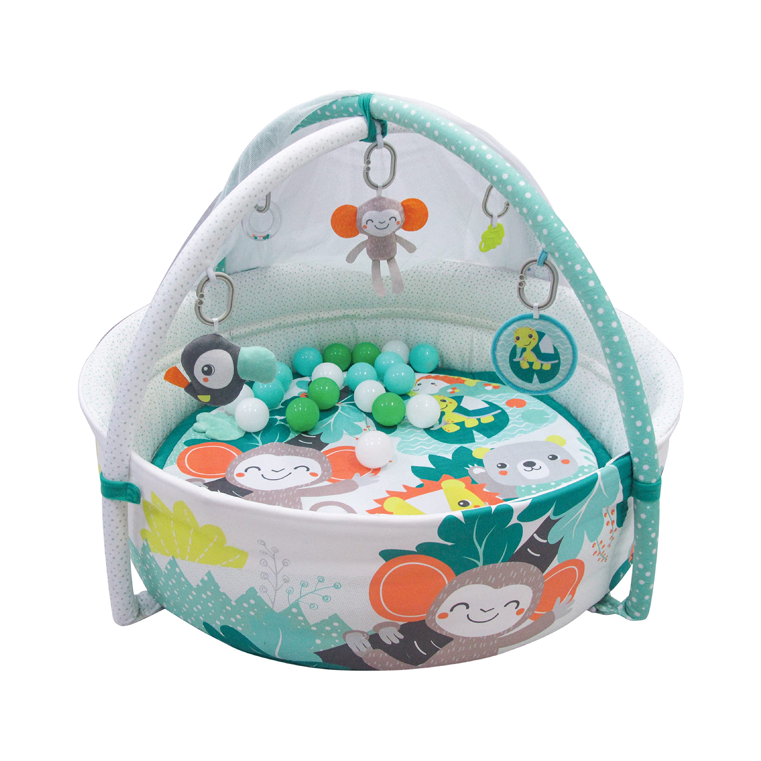 The Moon Brand jungle friends baby pool mat with mosquito net + 20 pcs balls, 0m+, Baby playmat & Activity Gym with hanging rattles soft and comfortable cushion mat – Green