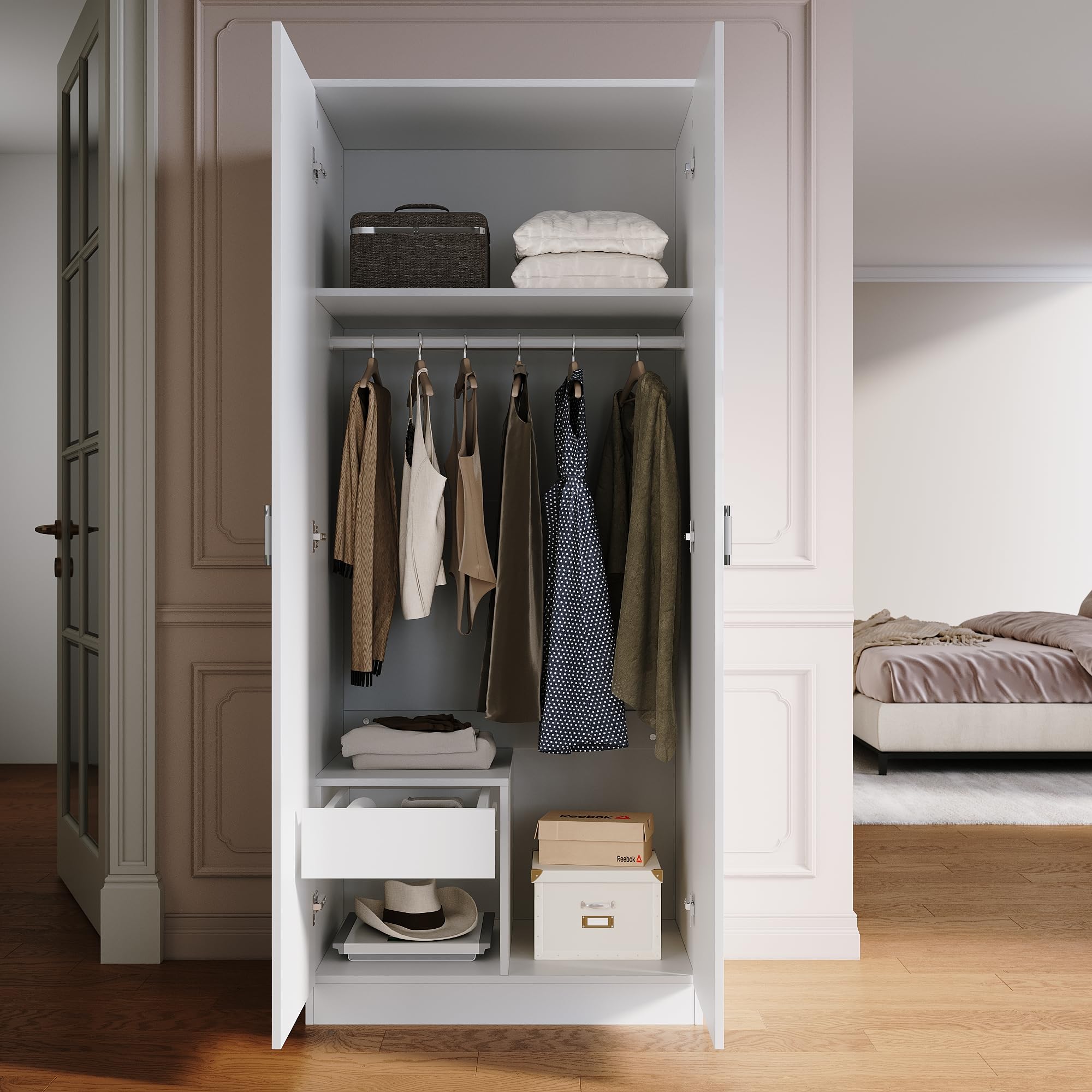 SONNI Kleiderschrank mit Spiegeltür Weiß, Vielseitiger Drehtürenschrank 2-türig für Ihr Schlafzimmer, 76cm(B) x47cm(T) x180cm(H).