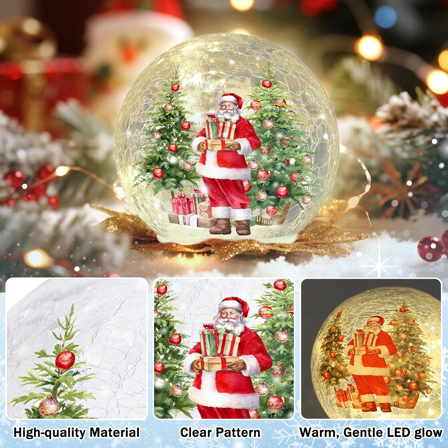 Whaline Christmas Lighted Decorative Glass Ball Crackle Glass Globe with Timer Watercolor Santa Claus Xmas Tree Battery Operated Decoration for Party Home Table Mantel Fireplace, Set of 2