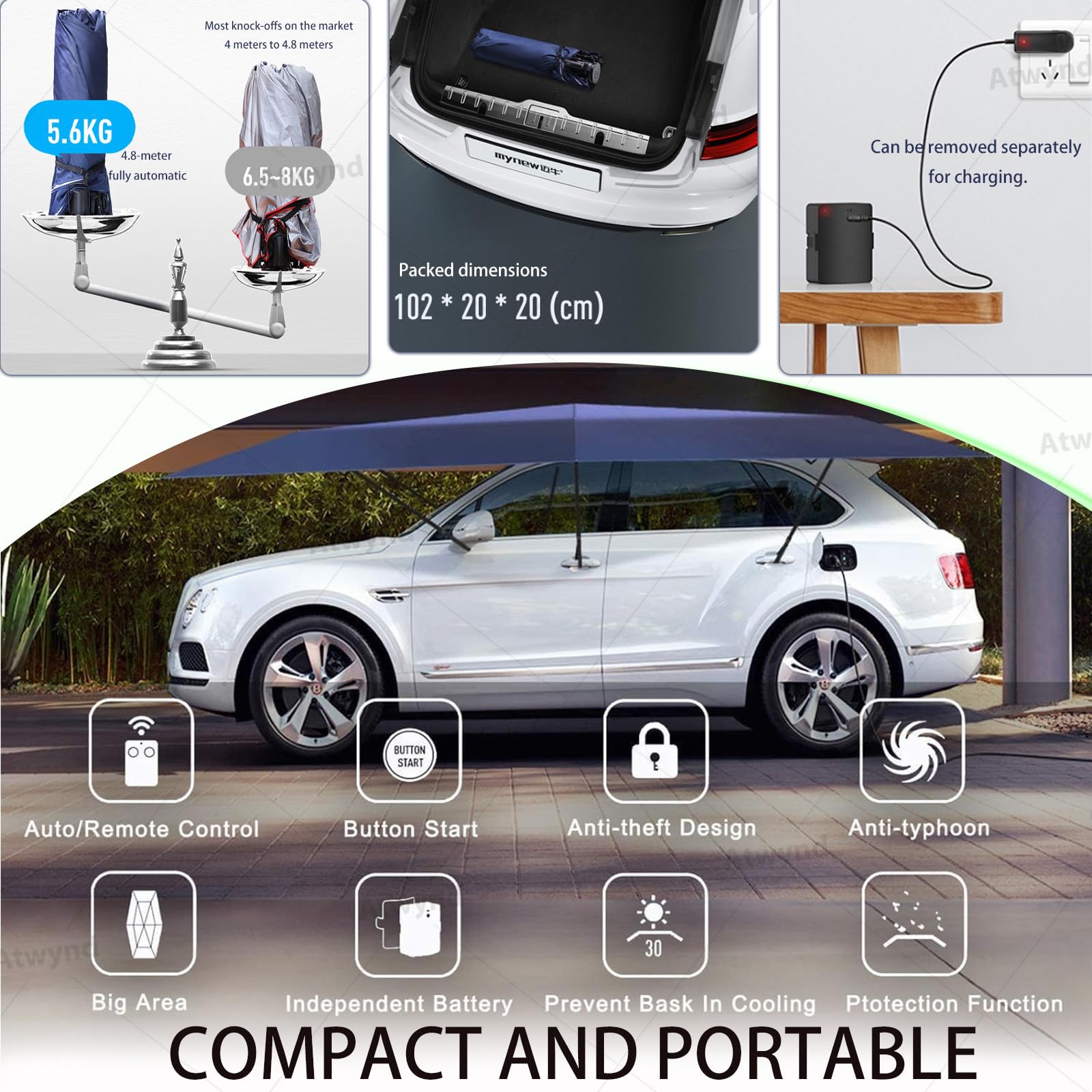 Abri de Voiture Entièrement, Pare-Soleil Pliable à Commande Unique 4.2*2.3m