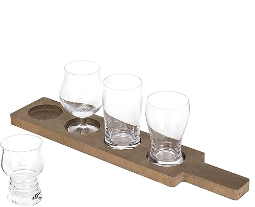 Miniatura 5 de MyGift Bandeja de muestras de madera maciza rústica, soporte para vuelo de cerveza, juego de servir con 4 vasos y etiqueta de pizarra borrable