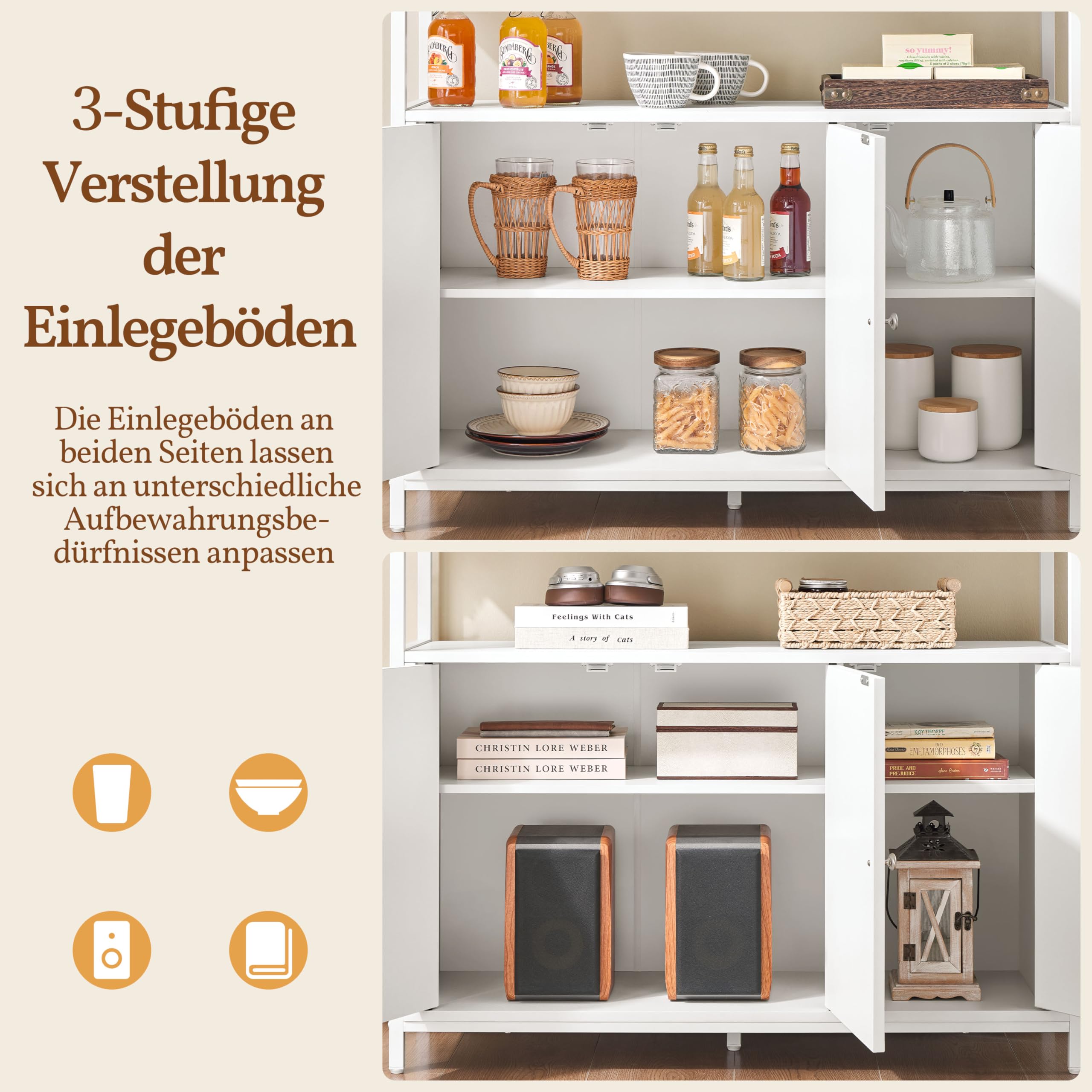 Yaheetech Sideboard, Küchenschrank mit 3 Türen und Offenen Regalen, Buffetschrank Aufbewahrungsschrank verstellbare Ablage 100 × 35 × 81 cm, Weiß