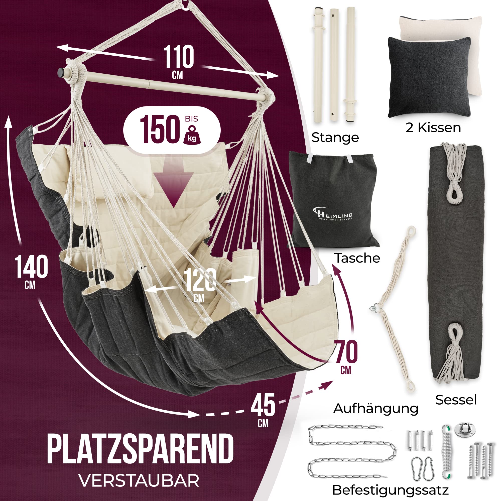 Heimling Fauteuil suspendu XXL haut de gamme pour intérieur et extérieur Paquet tout compris avec suspension + 3 coussins Salon, chambre à coucher