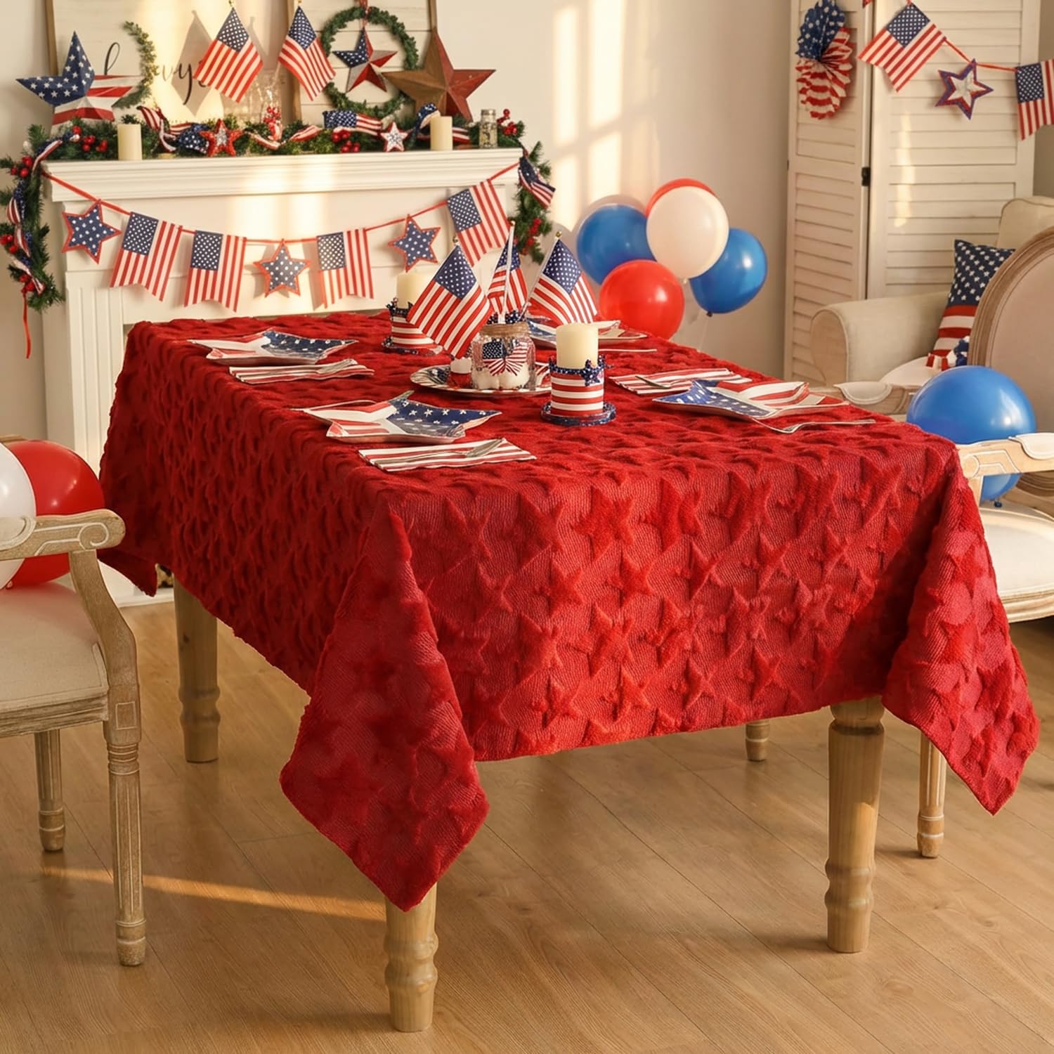 Photo 1 of Horaldaily 4th of July Tablecloth 60×120 Inch Rectangular, Plush Faux Soft Red Table Cover with Stars for Patriotic Independence Day Memorial Day Veterans Day Party Decorations