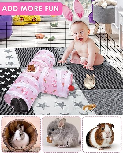Bissap Rabbit Tunnel, 9.8'' Collapsible Bunny Tunnel and Tube 3 Ways Pet Hideout with 1 Play Ball for Indoor Kittens Dwarf Rabbits Bunnies Guinea Pigs Chinchillas Small Animal Activity Fun Toys (Pink)(Pink,Large)