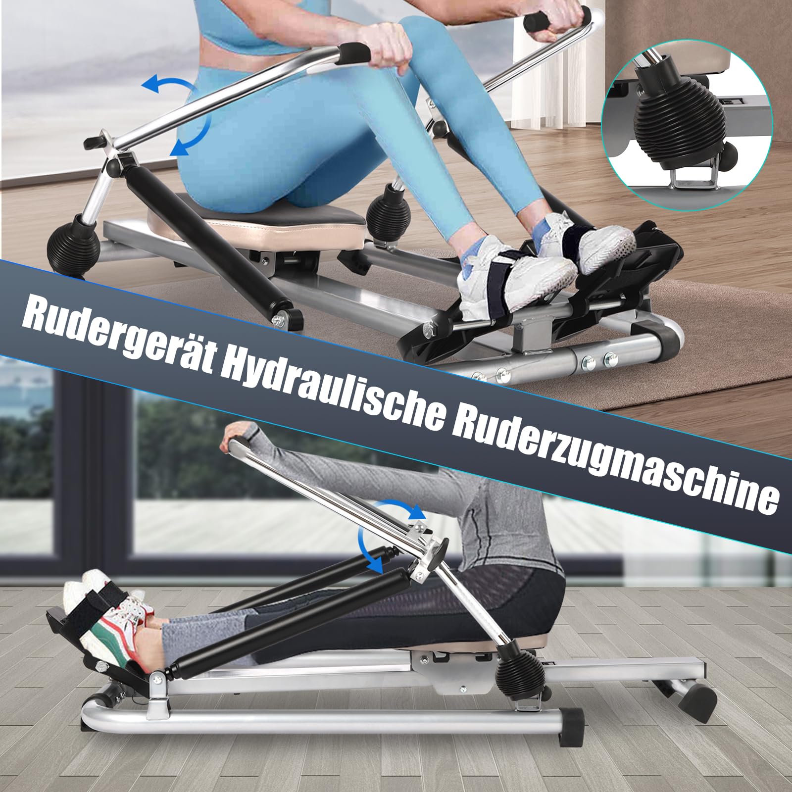 Wioślarz do domu, hydrauliczna maszyna wioślarska, wyświetlacz LCD, regulowany opór 15-55 kg, do treningu ramion, klatki piersiowej, brzucha i pleców, 110 x 61 x 21 cm