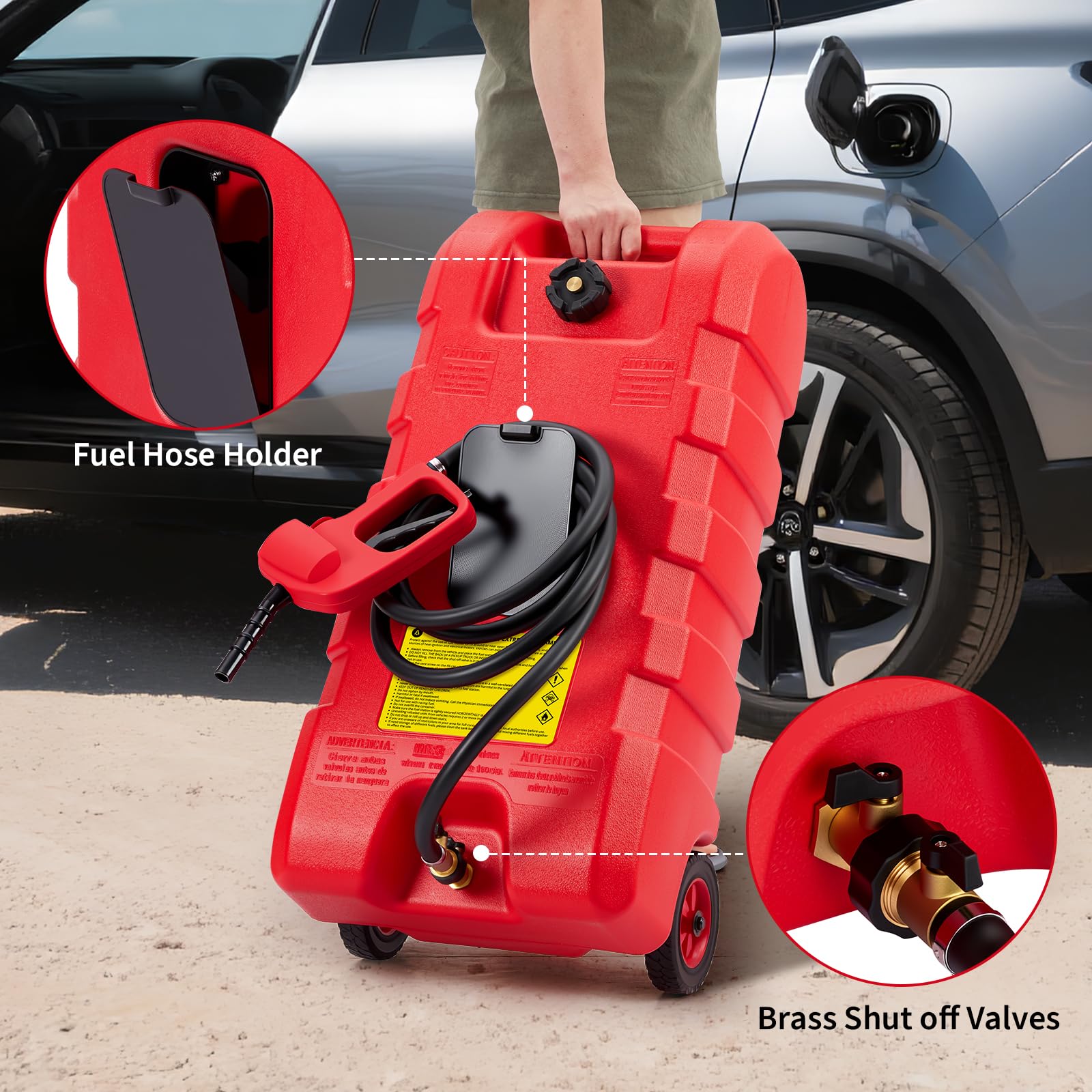 Depósito de combustible de 57 l, carro de combustible con ruedas y manguera de 3 m, bidón de gasolina portátil con bomba de sifón manual, válvula de cierre y transmisión rápida, caudal de 7,5 l/min