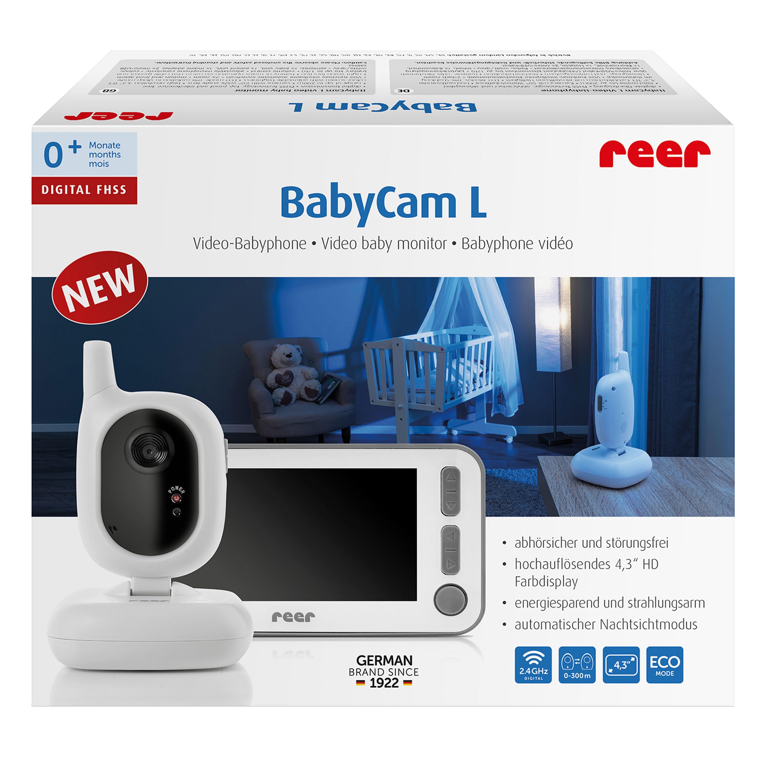 Reer Babycam L Babyphone Vidéo avec Écran Ecoute-Bébé TFT, Blanc, 4.3 Pouces, 1 Unité