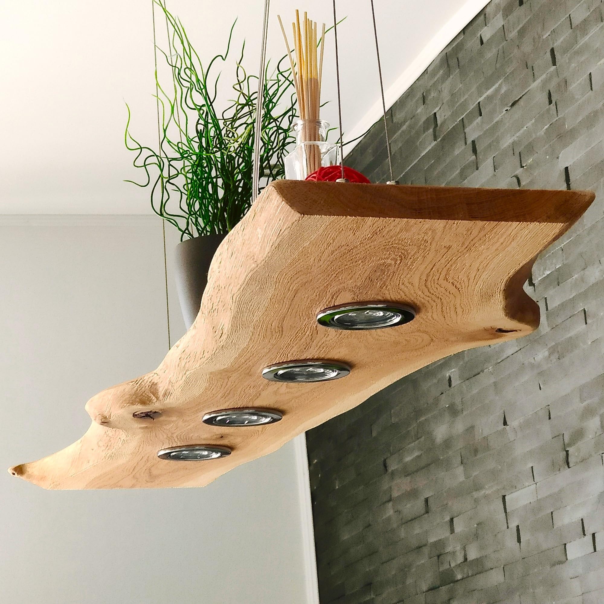 TESSA LED Esstischlampe Pendelleuchte Unikat Wildeiche Holz Hängelampe mit Baumkante Hängeleuchte Dimmbar ohne Dimmer Led Austauschbar Eiche geölt Massiv mit Baumkante (100 cm /4 Spots)
