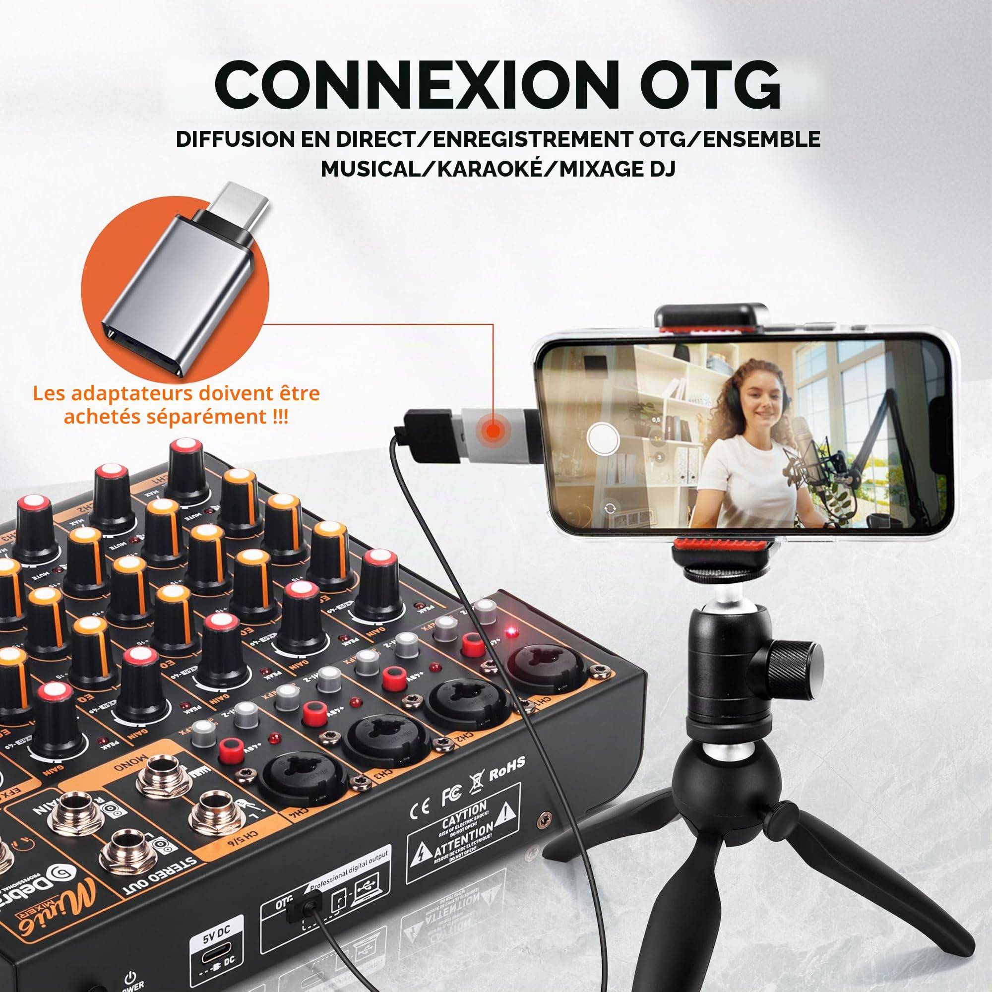 Mixeur DJ professionnel Mini6 – 6 canaux avec interface USB, Bluetooth et alimentation fantôme 48V – Parfait pour streaming, podcasts et performances en direct