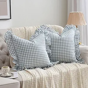 2 Pack Blue White Plaid Ruffle Throw Pillow Covers Farmhouse Checkered Chic Washed Cotton Pillowcases Gingham Pillow Shams for Bed, Sofa, Living Room-20"x20" Blue