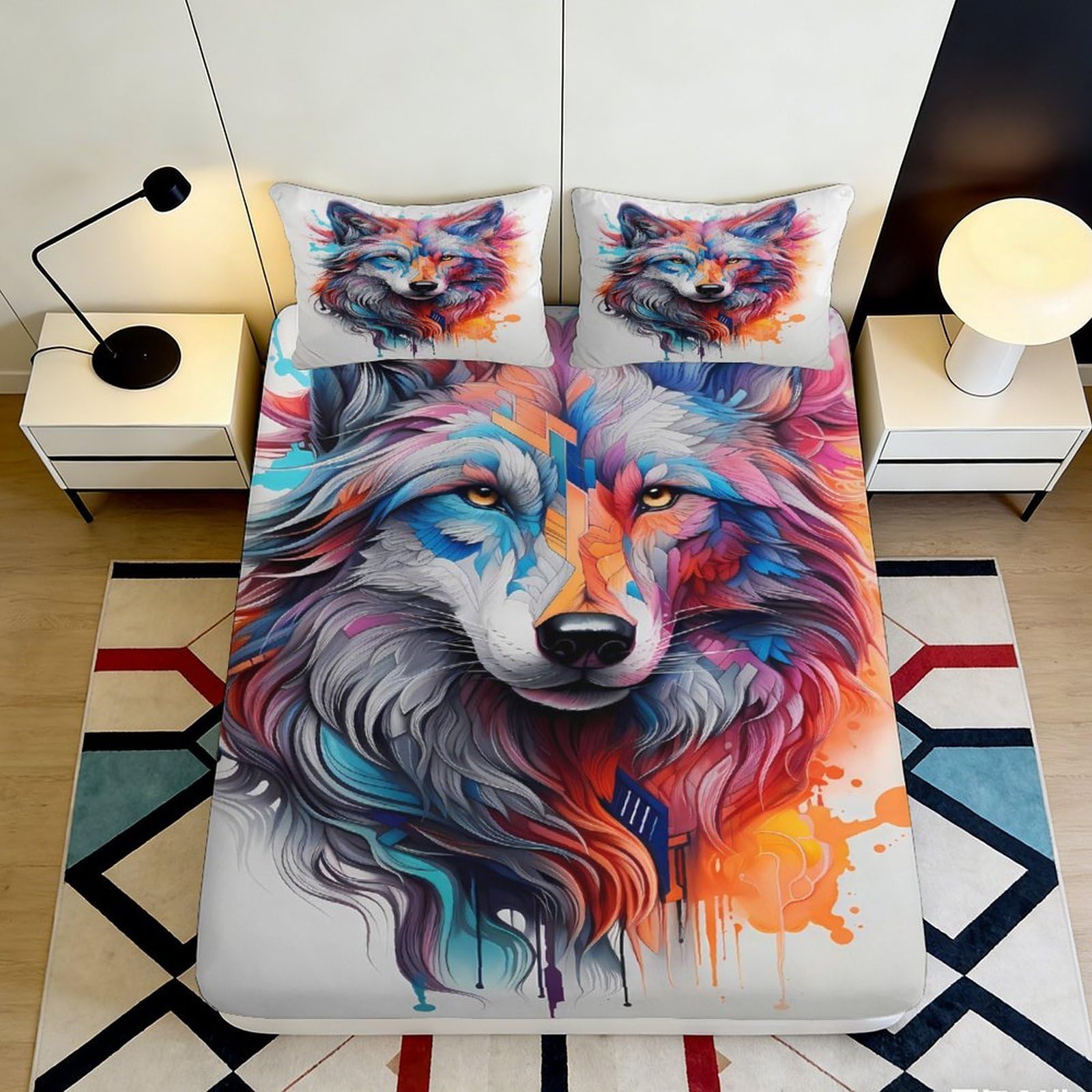 3D Printed Colorful Wolf Fitted Sheet Microfiber Soft Breathable Vibrant Wolf Bed Cover for Bedroom Dormitory Guest Room Mattress Protection Decor 120x200x25cm