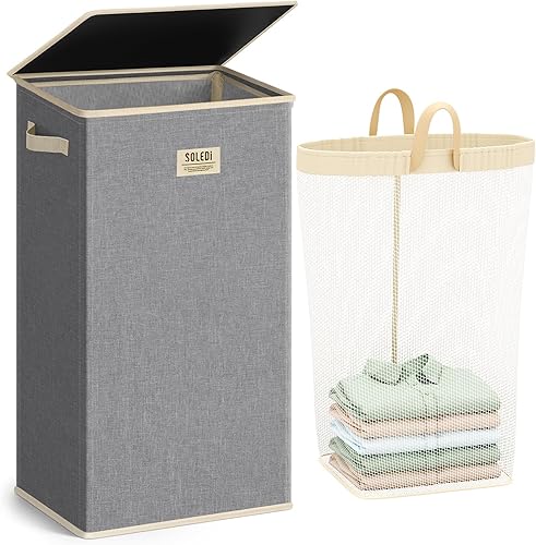 Miniatura 23 de SOLEDI Cesta de ropa con tapa, 100 L XL, cesta grande para la ropa sucia con bolsa removible, cestas de lavandería plegables, almacenamiento