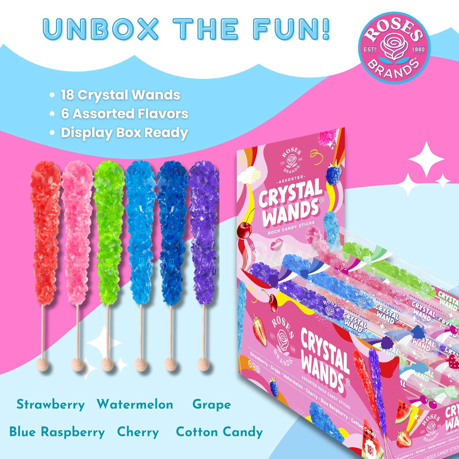 Roses Brands Assorted Crystal Wands Rock Candy in Display Box - 22g Individually Wrapped Sticks- No Fat, No Gluten, No Allergens & Kosher (Variety Pack, 18 Sticks)
