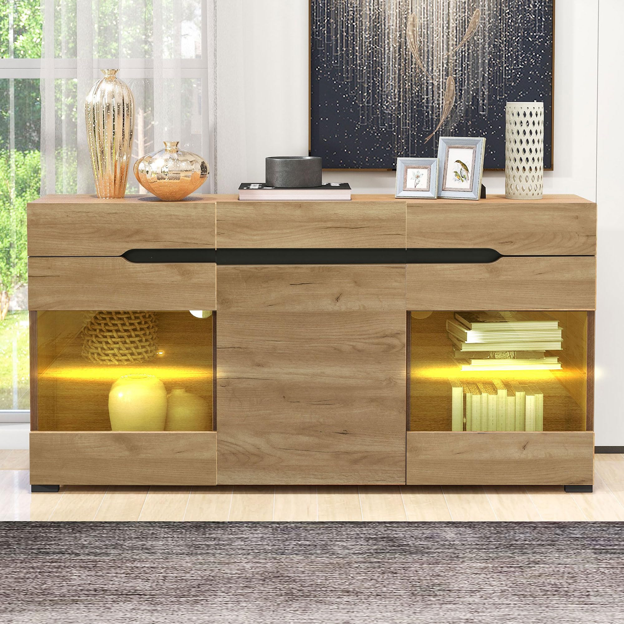 LUTUTU Aparador LED moderno para salón, 3 puertas, 3 cajones, cómoda moderna con mucho espacio de almacenamiento para su salón