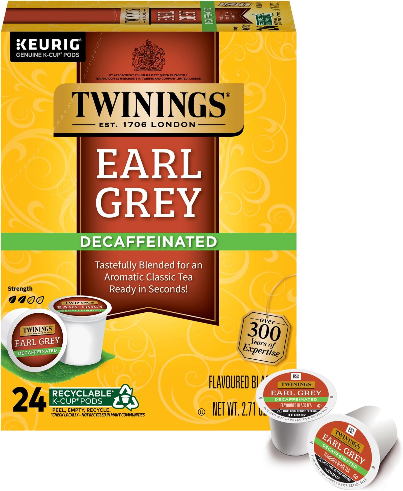 Twinings Decaf Earl Grey K-Cup Pods for Keurig, Decaffeinated Black Tea Flavoured with Citrus and Bergamot, 24 Count (Pack of 1)