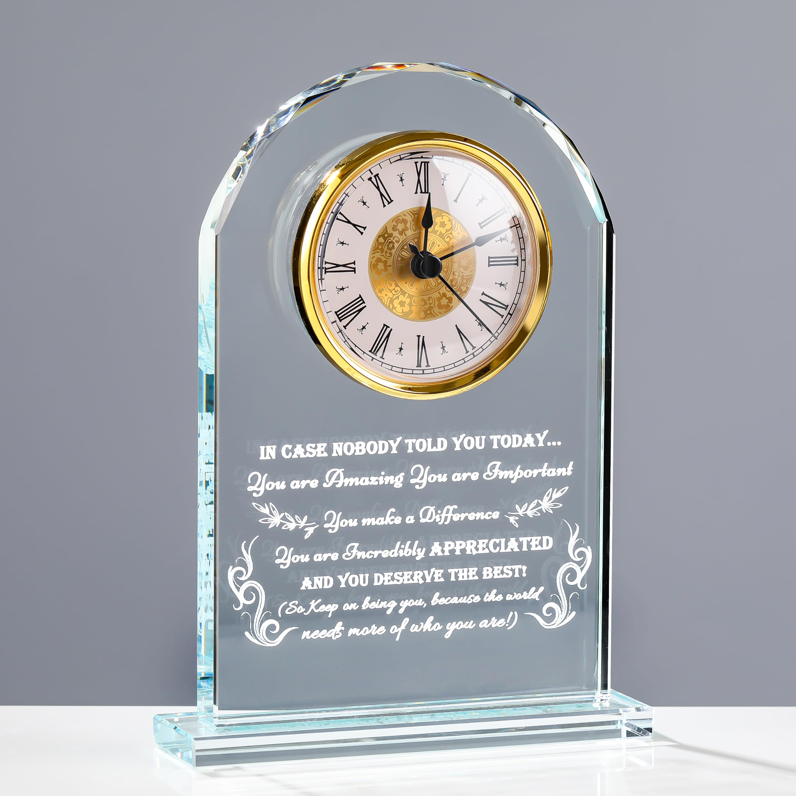 Qianwei Inspirational Gift Ideas - Crystal Clock Engraved Thank You Gifts for Women Men Friends - Appreciation Gifts for Coworker - Motivational Quote Clear Desk Sign Home Office Desk Decor