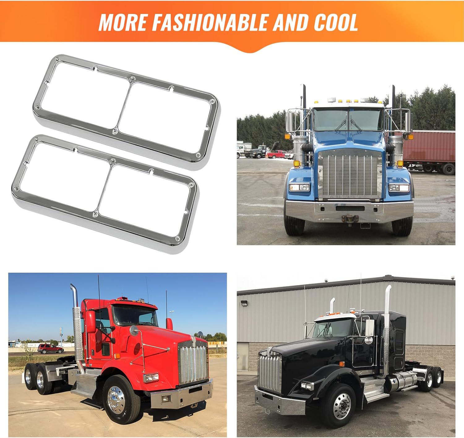 Chrome Headlight Bezel Compatible with Kenworth T400 T600 T800 W900 K100 C500 Peterbilt 378 379 Western Star 4900 Freightliner FLD Classic XL Driver and Passenger Side Semi Truck Accessories