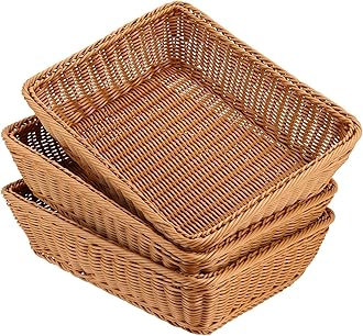 FUNSUEI 3 Pack 15.6 x 11.8 x 3.4 Inches Rectangular Poly Wicker Bread Baskets, Food Serving Baskets, Handmade Woven Pantry Organizer for Storing Bread, Vegetables, Fruits, Snacks and Crafts, Brown
