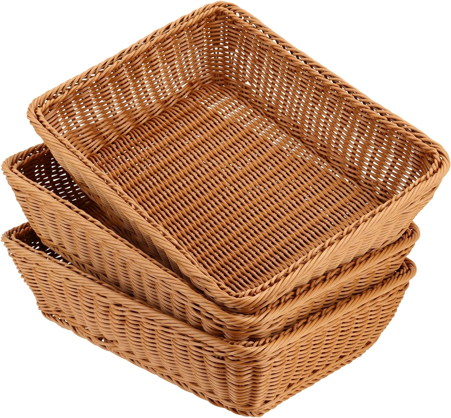 FUNSUEI 3 Pack 15.6 x 11.8 x 3.4 Inches Rectangular Poly Wicker Bread Baskets, Food Serving Baskets, Handmade Woven Pantry Organizer for Storing Bread, Vegetables, Fruits, Snacks and Crafts, Brown