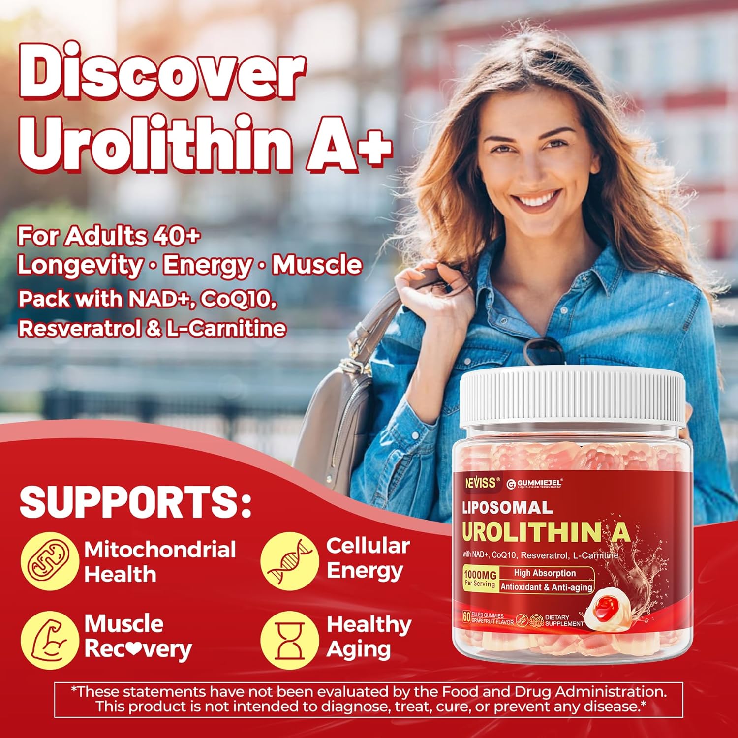 Urolithin A Gummies for Longevity & Muscle Energy, 1000mg Liposomal Urolithin A+ Supplement with NAD+, CoQ10, Resveratrol & L-Carnitine for Cellular, Mitochondrial, Brain & Heart Health, Vegan, 60ct - Image 3
