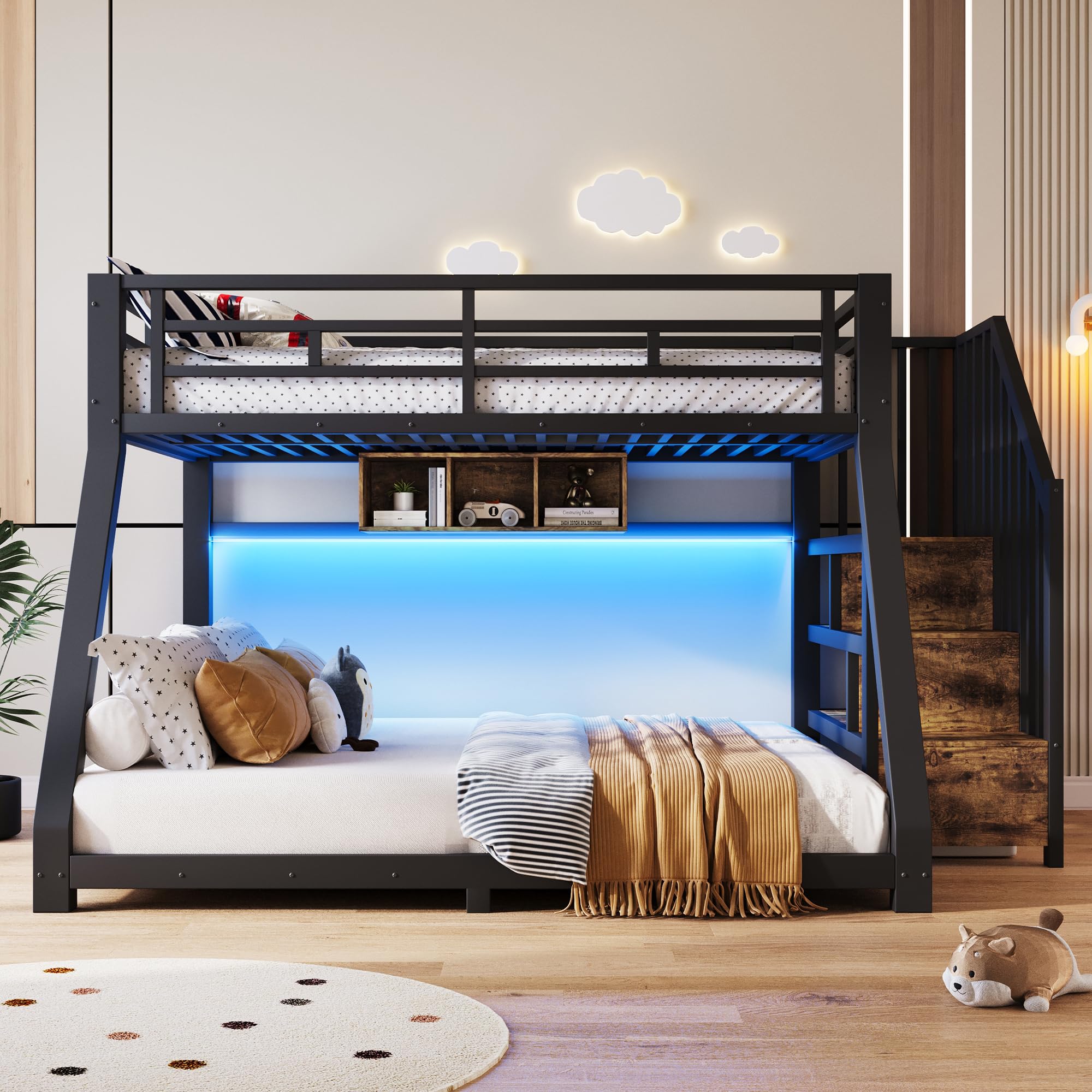 Letto a castello con luci a LED,Letto superiore 90×200 cm,Letto inferiore 140×200 cm,con 3 vani contenitore,Materiale metallico con scaletta contenitore,guardrail e pediera,Nero (Senza materasso)