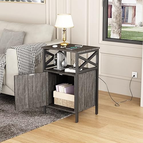 Miniatura 8 de LDTTCUK Mesa auxiliar con estación de carga, mesa auxiliar de sofá con toma de corriente y puertos USB, mesita de noche con espacio de