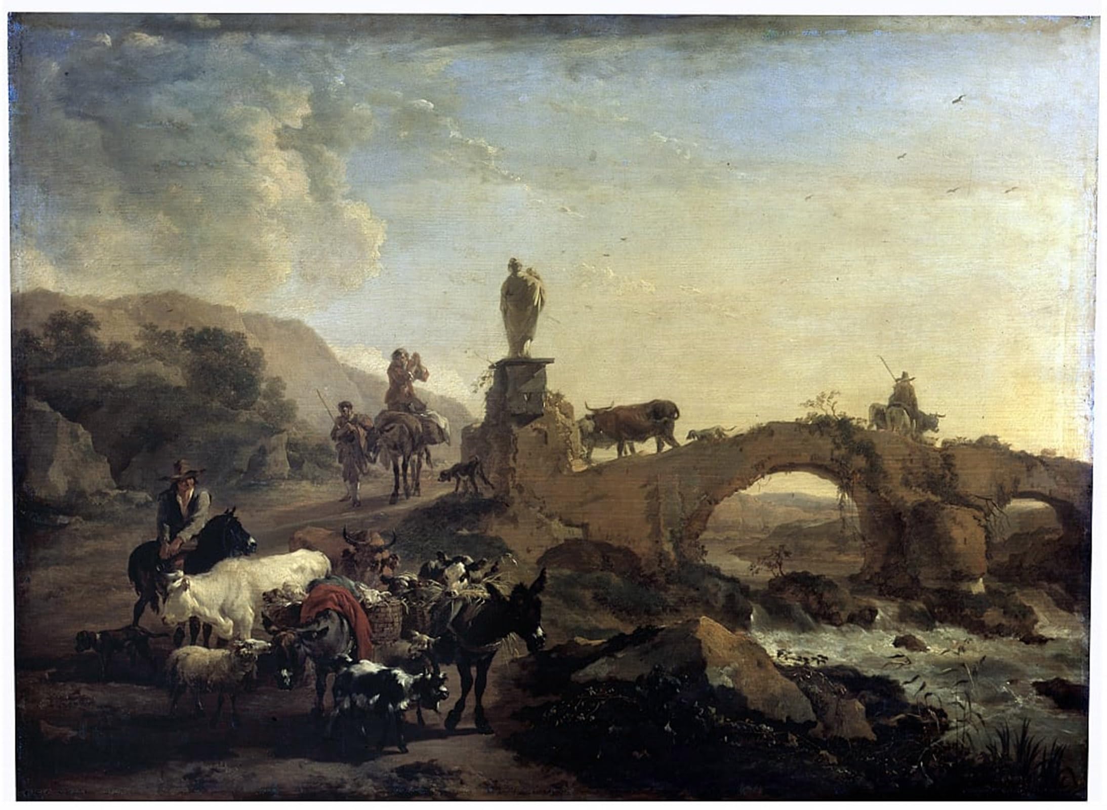 SERENDIPITP Abstract Painting Mural Print Picture Wall Decor Painting Italian Landscape with a Small Bridge by Nicolaes Pietersz Berchem Vintage Wall Artwork for Home Decor 60x90cm