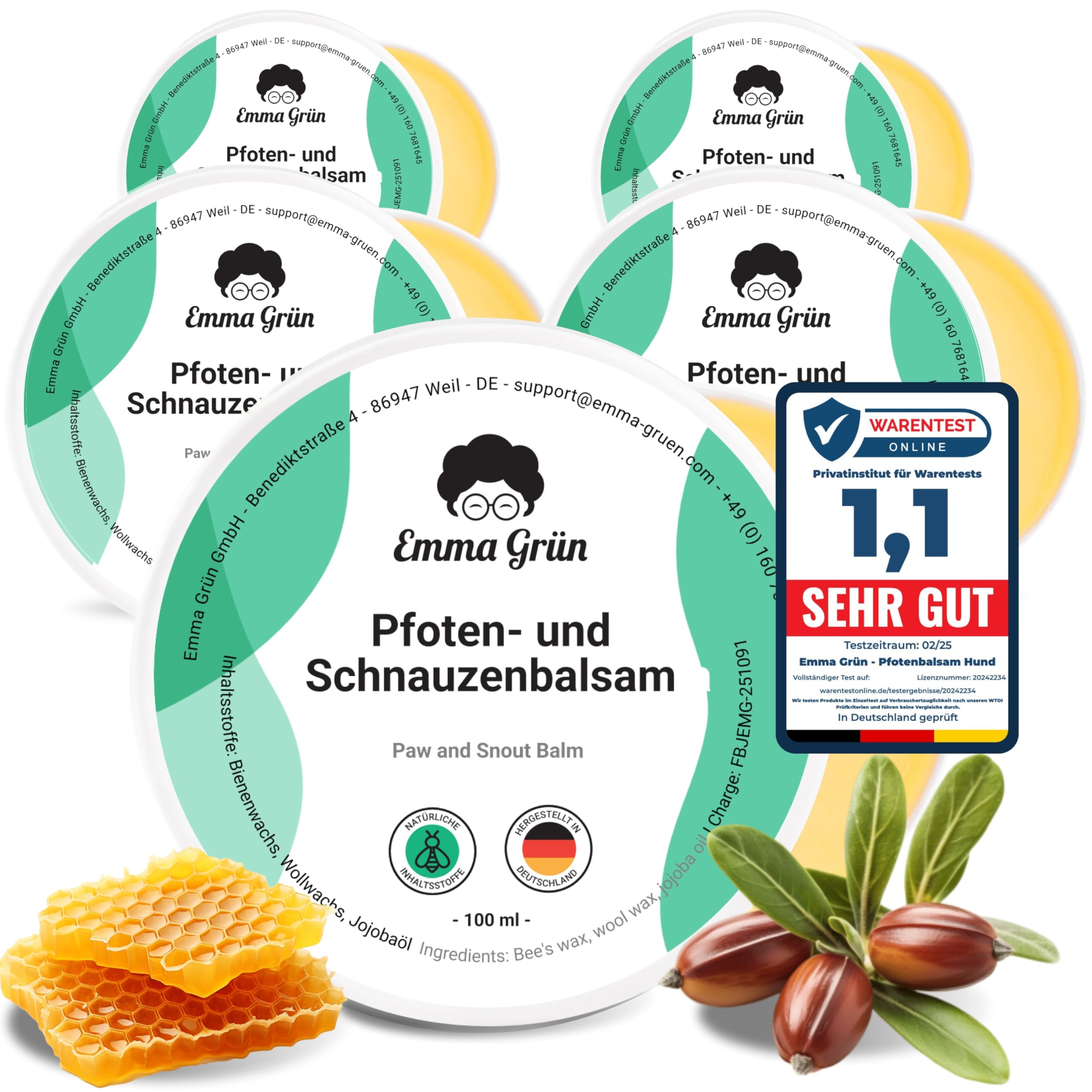 Emma Grün® Pfotenbalsam Hund 3x100ml – Pfotenschutz vor Streusalz, EIS & heißem Asphalt – Pfotenpflege bei trockenen, rissigen Pfoten & Nasen – Hundepfoten Balsam mit Jojoba, Propolis & Bienenwachs