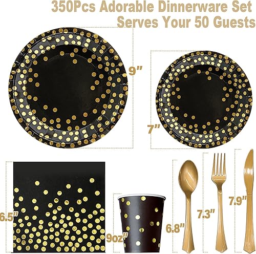 Miniatura 3 de 350 platos de fiesta negros y dorados con 6 manteles de plástico negro y dorado, 25 suministros desechables para fiesta, simplemente disfruta de tu