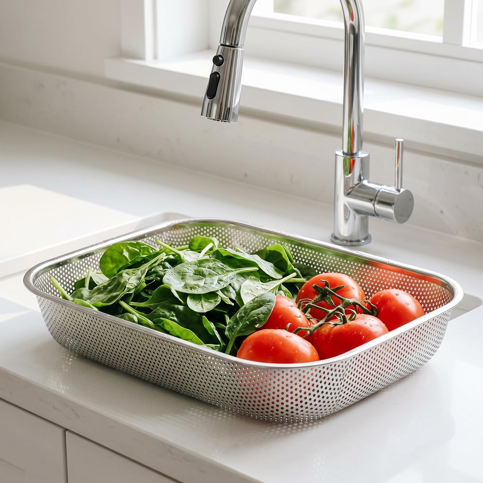 Cedilis Confezione da 2 colini in acciaio inossidabile, scolapasta rettangolare in rete per lavello per frutta e verdura, grande (38,1 x 27,9 x 6,6 cm)