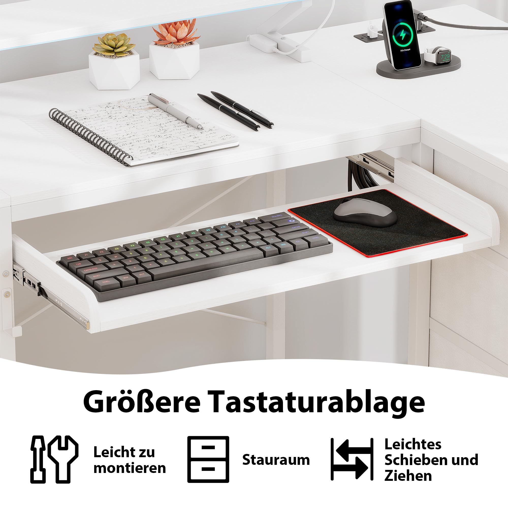 L-Förmiger Schreibtisch mit Tastaturauszug Gamingtisch (Weiß)