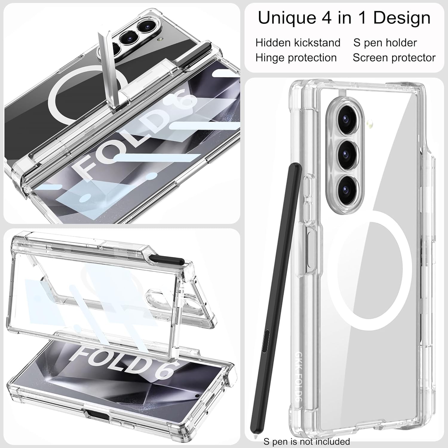 Clear Magnetic Case for Samsung Galaxy Z Fold 6 Kickstand Case with Hinge Protection & S Pen Holder [Built-in Screen Protector][Compatible with MagSafe] Shockproof Mag-Safe Full Body Phone Case Cover
