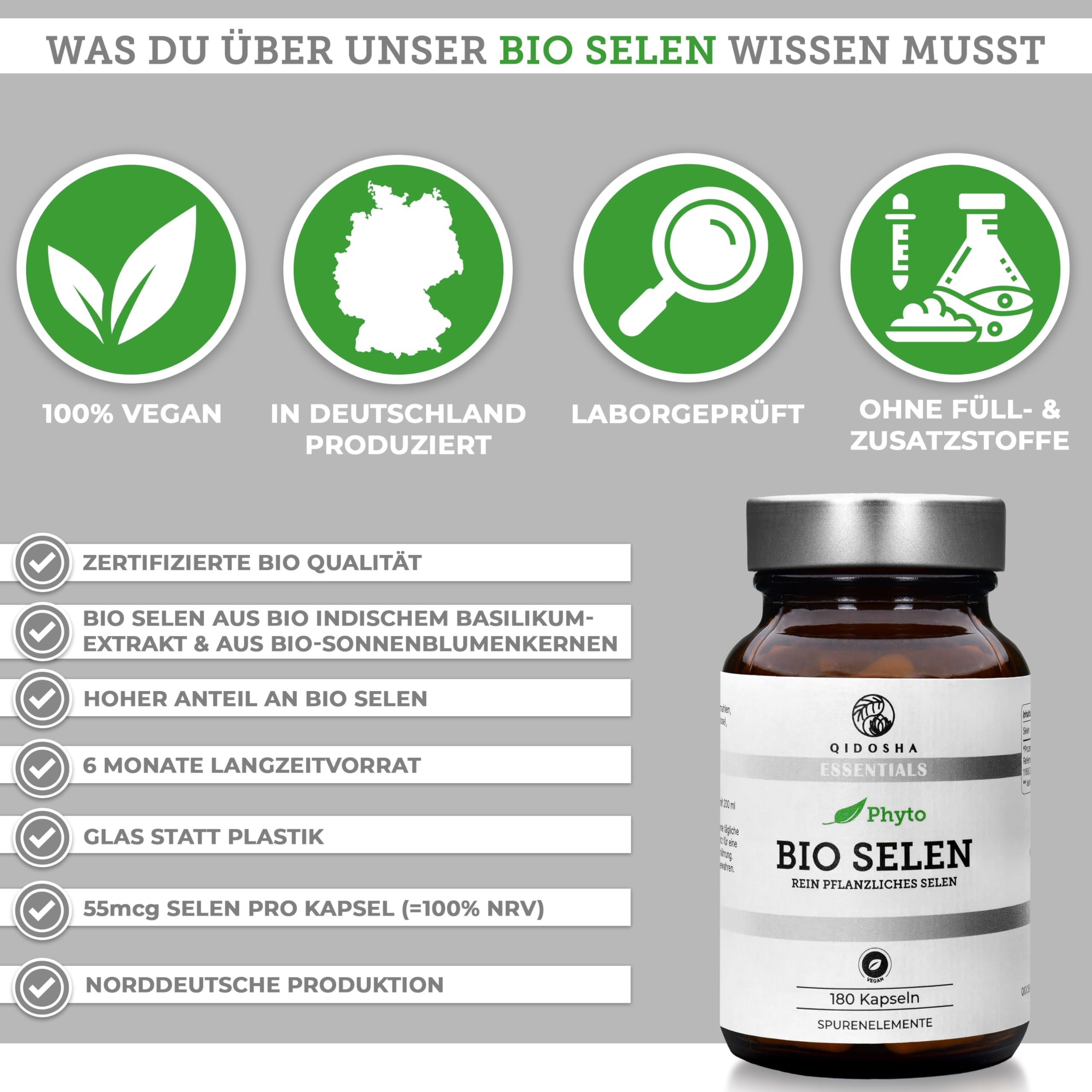 QIDOSHA® Bio Selen hochdosiert, 180 Kapseln, 55 mcg (100% NRV) pflanzliches Selen je Kapsel aus Bio Indischem Basilikum und Bio Sonnenblumenkernen, Selenmethionin, ergänzt um Bio Akazienfaser