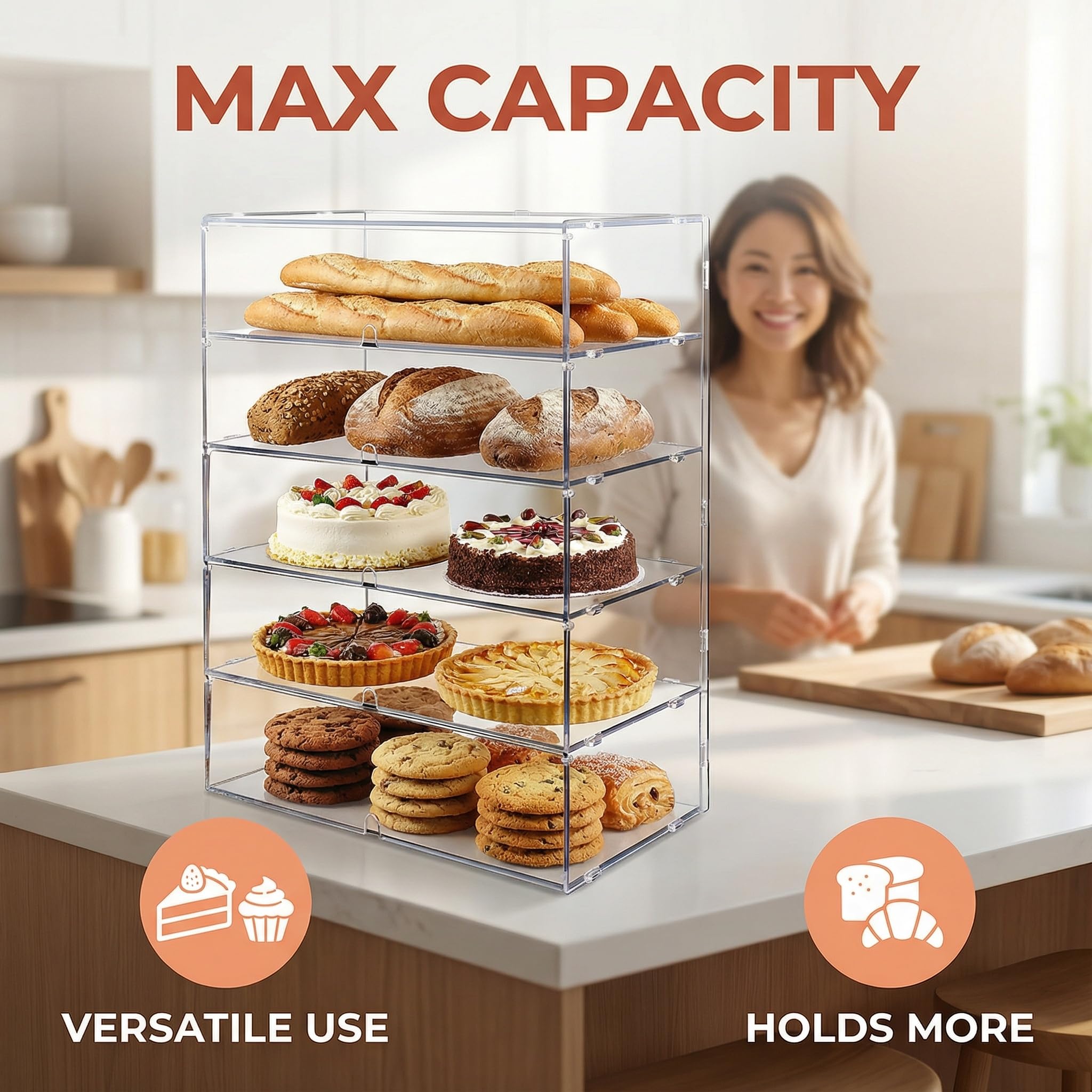 Cityjoy 5 ripiani trasparenti da banco da 5 mm ad alto impatto PETG pannelli trasparenti per pane 64 x 49,5 x 26 cm porte anteriori con fori per le dita (5 Piani)