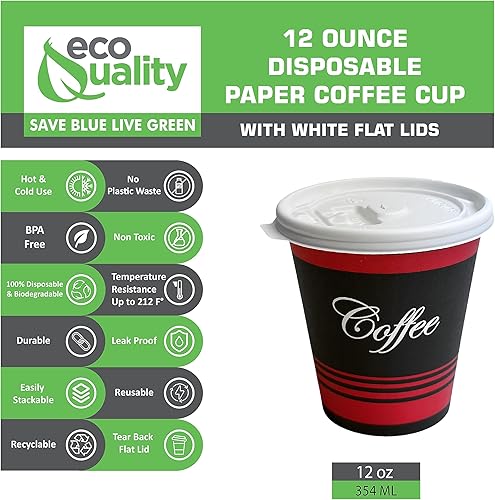 Miniatura 2 de Tazas de café de papel de grado restaurante de 12 onzas con tapas blancas, 1000 tazas desechables para bebidas calientes y frías. Ideal para té,