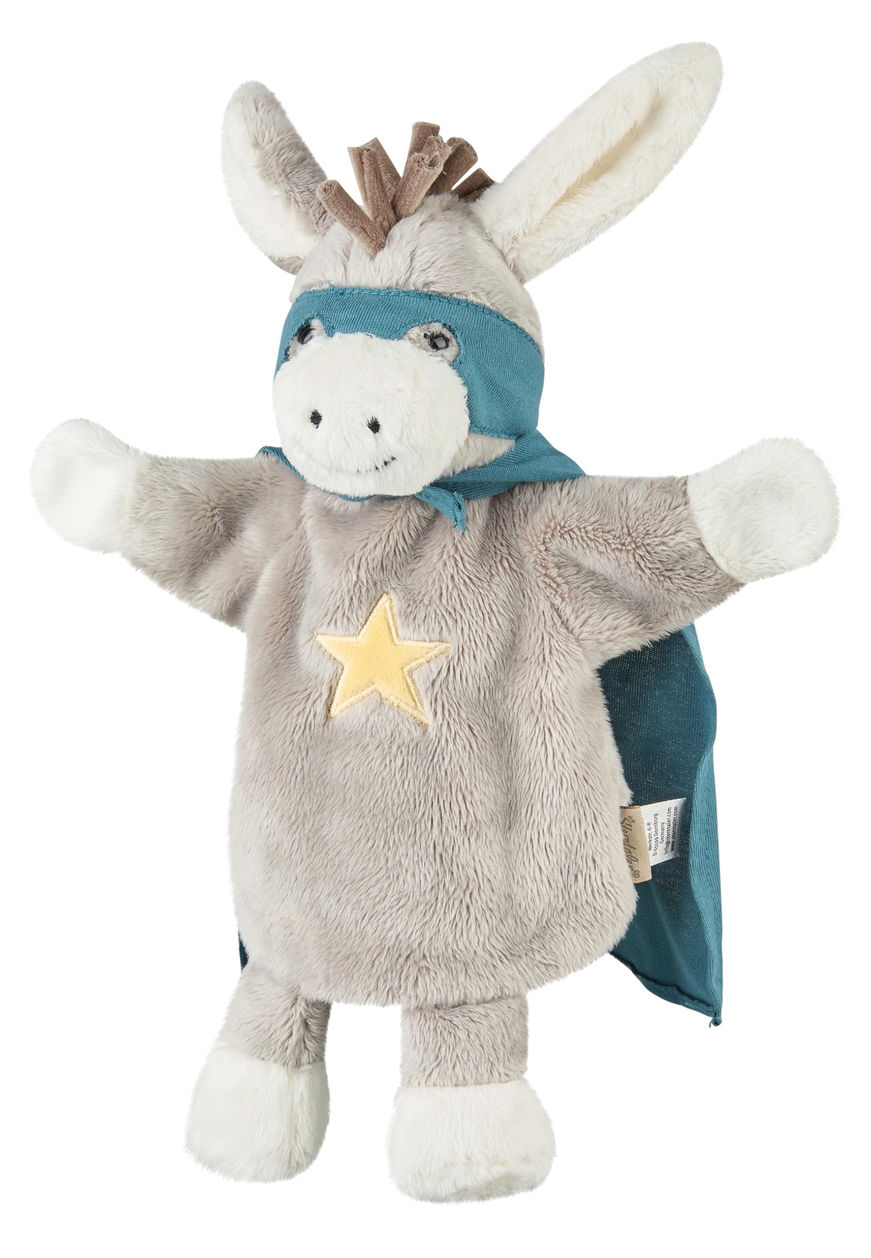 Sterntaler Handpuppe Superheld Emmi aus weichem Flausch, Kinder- und Babyspielzeug, wattierter Kopf, Stickerei auf dem Bauch, Cape und Maske, 34,5 × 27 × 10 cm – grau
